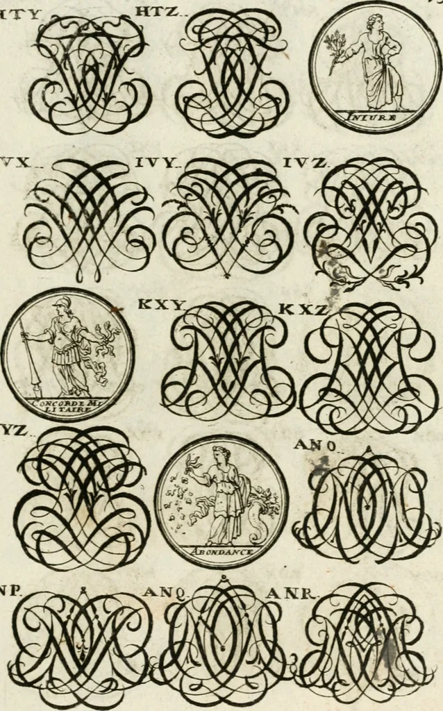 An illustration from Livre curieux et utile pour les sçavans et artistes : composé de trois alphabets de chiffres simples, doubles & triples, fleuronnez et au premier trait : accompagné d'un tres grand nombre de devises, emblêmes, médailles et autres figures hieroglyfiques : ensemble de plusieurs supports et cimiers pour les ornemens des armes : avec une table tres ample par le moyen de laquelle on trouvera facilement tous les noms imaginables, 1685, leaf 294