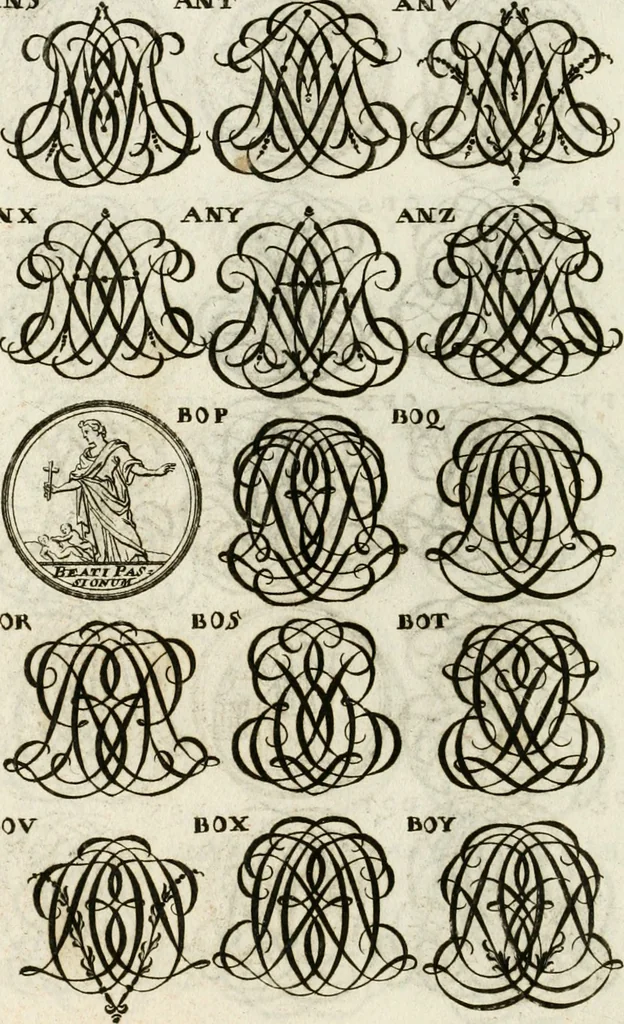 An illustration from Livre curieux et utile pour les sçavans et artistes : composé de trois alphabets de chiffres simples, doubles & triples, fleuronnez et au premier trait : accompagné d'un tres grand nombre de devises, emblêmes, médailles et autres figures hieroglyfiques : ensemble de plusieurs supports et cimiers pour les ornemens des armes : avec une table tres ample par le moyen de laquelle on trouvera facilement tous les noms imaginables, 1685, leaf 295