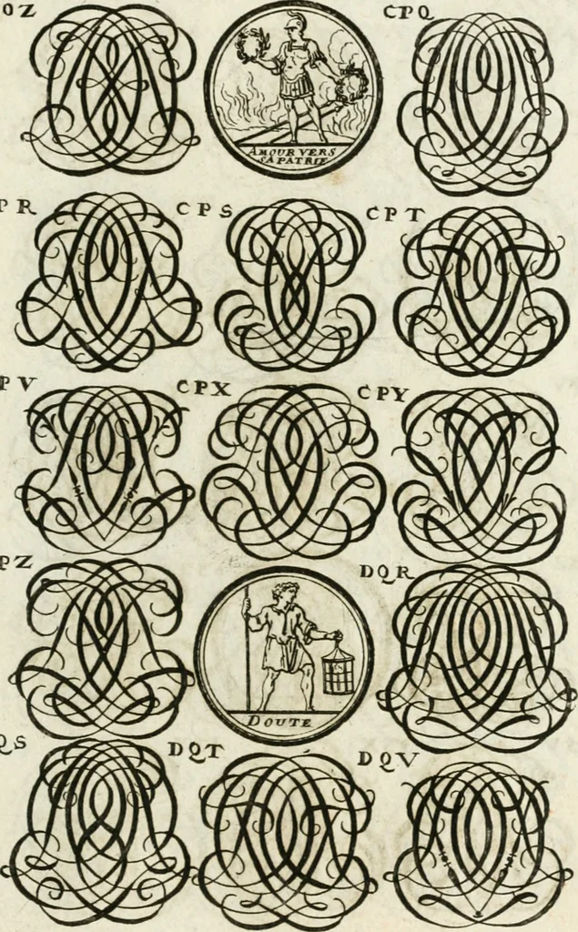 An illustration from Livre curieux et utile pour les sçavans et artistes : composé de trois alphabets de chiffres simples, doubles & triples, fleuronnez et au premier trait : accompagné d'un tres grand nombre de devises, emblêmes, médailles et autres figures hieroglyfiques : ensemble de plusieurs supports et cimiers pour les ornemens des armes : avec une table tres ample par le moyen de laquelle on trouvera facilement tous les noms imaginables, 1685, leaf 296