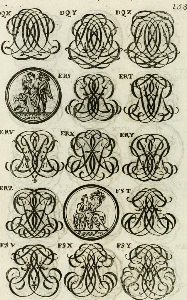An illustration from Livre curieux et utile pour les sçavans et artistes : composé de trois alphabets de chiffres simples, doubles & triples, fleuronnez et au premier trait : accompagné d'un tres grand nombre de devises, emblêmes, médailles et autres figures hieroglyfiques : ensemble de plusieurs supports et cimiers pour les ornemens des armes : avec une table tres ample par le moyen de laquelle on trouvera facilement tous les noms imaginables, 1685, leaf 297