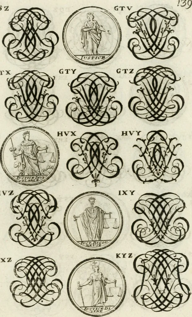 An illustration from Livre curieux et utile pour les sçavans et artistes : composé de trois alphabets de chiffres simples, doubles & triples, fleuronnez et au premier trait : accompagné d'un tres grand nombre de devises, emblêmes, médailles et autres figures hieroglyfiques : ensemble de plusieurs supports et cimiers pour les ornemens des armes : avec une table tres ample par le moyen de laquelle on trouvera facilement tous les noms imaginables, 1685, leaf 298