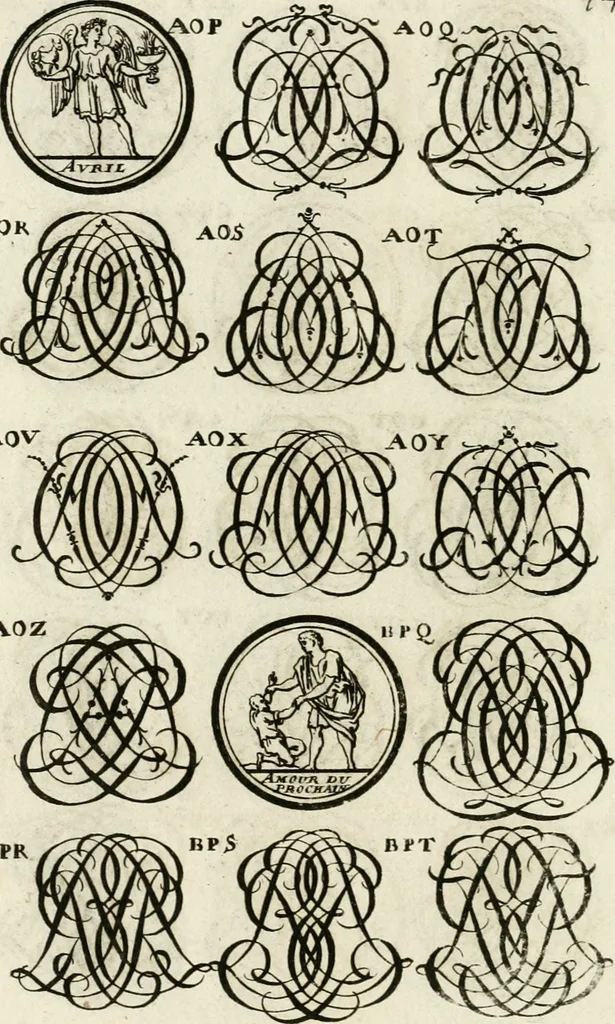 An illustration from Livre curieux et utile pour les sçavans et artistes : composé de trois alphabets de chiffres simples, doubles & triples, fleuronnez et au premier trait : accompagné d'un tres grand nombre de devises, emblêmes, médailles et autres figures hieroglyfiques : ensemble de plusieurs supports et cimiers pour les ornemens des armes : avec une table tres ample par le moyen de laquelle on trouvera facilement tous les noms imaginables, 1685, leaf 299