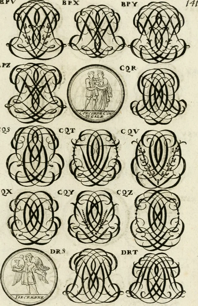 An illustration from Livre curieux et utile pour les sçavans et artistes : composé de trois alphabets de chiffres simples, doubles & triples, fleuronnez et au premier trait : accompagné d'un tres grand nombre de devises, emblêmes, médailles et autres figures hieroglyfiques : ensemble de plusieurs supports et cimiers pour les ornemens des armes : avec une table tres ample par le moyen de laquelle on trouvera facilement tous les noms imaginables, 1685, leaf 300