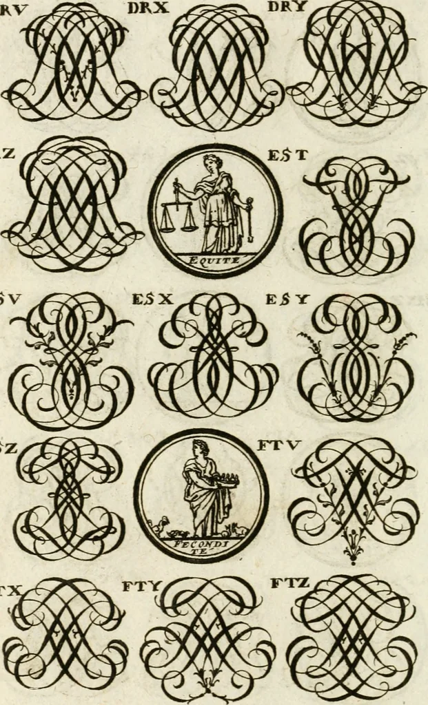 An illustration from Livre curieux et utile pour les sçavans et artistes : composé de trois alphabets de chiffres simples, doubles & triples, fleuronnez et au premier trait : accompagné d'un tres grand nombre de devises, emblêmes, médailles et autres figures hieroglyfiques : ensemble de plusieurs supports et cimiers pour les ornemens des armes : avec une table tres ample par le moyen de laquelle on trouvera facilement tous les noms imaginables, 1685, leaf 301