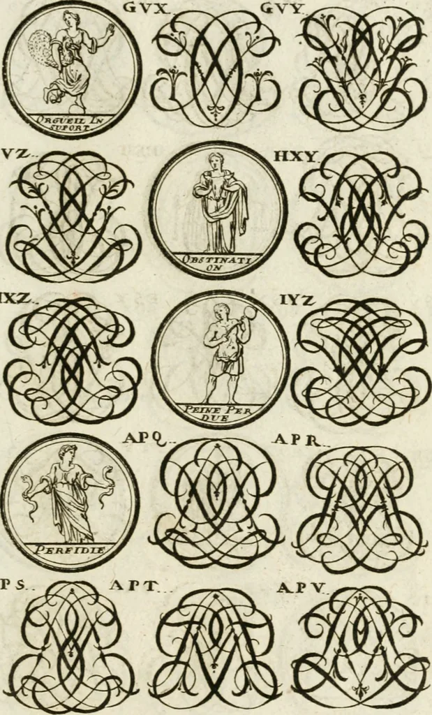 An illustration from Livre curieux et utile pour les sçavans et artistes : composé de trois alphabets de chiffres simples, doubles & triples, fleuronnez et au premier trait : accompagné d'un tres grand nombre de devises, emblêmes, médailles et autres figures hieroglyfiques : ensemble de plusieurs supports et cimiers pour les ornemens des armes : avec une table tres ample par le moyen de laquelle on trouvera facilement tous les noms imaginables, 1685, leaf 302