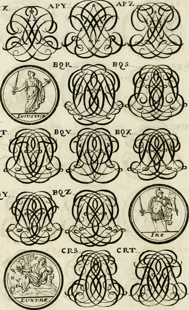 An illustration from Livre curieux et utile pour les sçavans et artistes : composé de trois alphabets de chiffres simples, doubles & triples, fleuronnez et au premier trait : accompagné d'un tres grand nombre de devises, emblêmes, médailles et autres figures hieroglyfiques : ensemble de plusieurs supports et cimiers pour les ornemens des armes : avec une table tres ample par le moyen de laquelle on trouvera facilement tous les noms imaginables, 1685, leaf 303