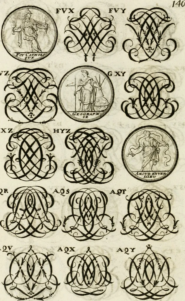 An illustration from Livre curieux et utile pour les sçavans et artistes : composé de trois alphabets de chiffres simples, doubles & triples, fleuronnez et au premier trait : accompagné d'un tres grand nombre de devises, emblêmes, médailles et autres figures hieroglyfiques : ensemble de plusieurs supports et cimiers pour les ornemens des armes : avec une table tres ample par le moyen de laquelle on trouvera facilement tous les noms imaginables, 1685, leaf 305