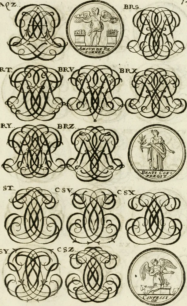 An illustration from Livre curieux et utile pour les sçavans et artistes : composé de trois alphabets de chiffres simples, doubles & triples, fleuronnez et au premier trait : accompagné d'un tres grand nombre de devises, emblêmes, médailles et autres figures hieroglyfiques : ensemble de plusieurs supports et cimiers pour les ornemens des armes : avec une table tres ample par le moyen de laquelle on trouvera facilement tous les noms imaginables, 1685, leaf 306