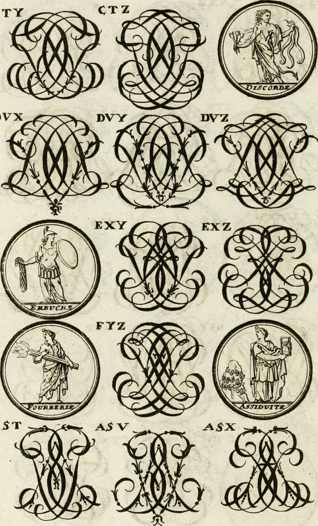 An illustration from Livre curieux et utile pour les sçavans et artistes : composé de trois alphabets de chiffres simples, doubles & triples, fleuronnez et au premier trait : accompagné d'un tres grand nombre de devises, emblêmes, médailles et autres figures hieroglyfiques : ensemble de plusieurs supports et cimiers pour les ornemens des armes : avec une table tres ample par le moyen de laquelle on trouvera facilement tous les noms imaginables, 1685, leaf 309