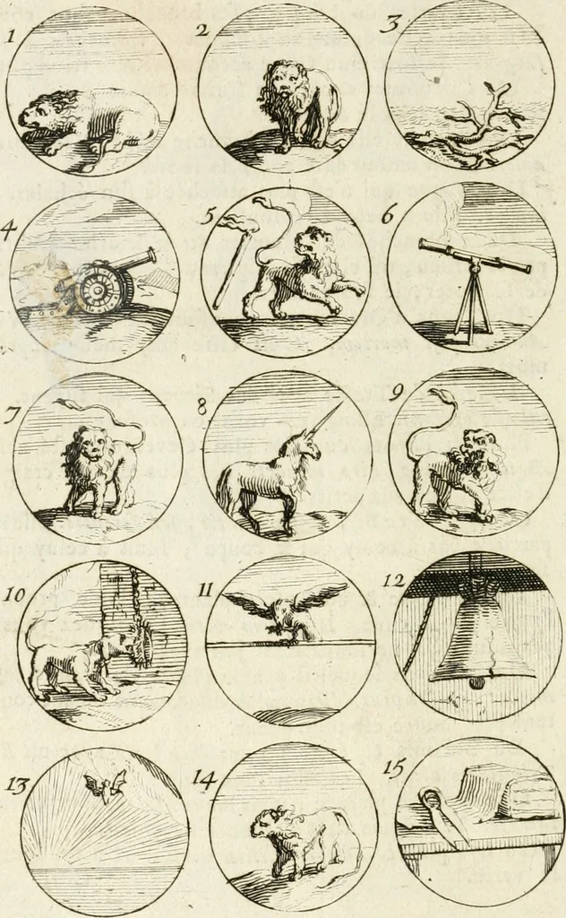 An illustration from Livre curieux et utile pour les sçavans et artistes : composé de trois alphabets de chiffres simples, doubles & triples, fleuronnez et au premier trait : accompagné d'un tres grand nombre de devises, emblêmes, médailles et autres figures hieroglyfiques : ensemble de plusieurs supports et cimiers pour les ornemens des armes : avec une table tres ample par le moyen de laquelle on trouvera facilement tous les noms imaginables, 1685, leaf 31