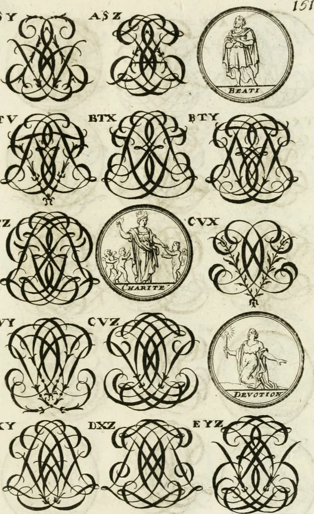 An illustration from Livre curieux et utile pour les sçavans et artistes : composé de trois alphabets de chiffres simples, doubles & triples, fleuronnez et au premier trait : accompagné d'un tres grand nombre de devises, emblêmes, médailles et autres figures hieroglyfiques : ensemble de plusieurs supports et cimiers pour les ornemens des armes : avec une table tres ample par le moyen de laquelle on trouvera facilement tous les noms imaginables, 1685, leaf 310