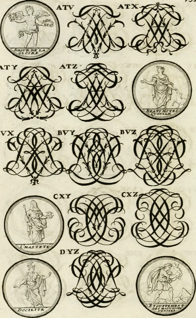 An illustration from Livre curieux et utile pour les sçavans et artistes : composé de trois alphabets de chiffres simples, doubles & triples, fleuronnez et au premier trait : accompagné d'un tres grand nombre de devises, emblêmes, médailles et autres figures hieroglyfiques : ensemble de plusieurs supports et cimiers pour les ornemens des armes : avec une table tres ample par le moyen de laquelle on trouvera facilement tous les noms imaginables, 1685, leaf 311