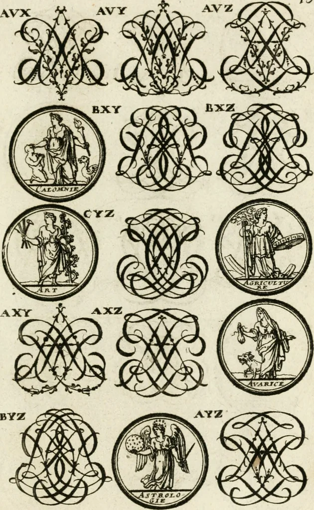 An illustration from Livre curieux et utile pour les sçavans et artistes : composé de trois alphabets de chiffres simples, doubles & triples, fleuronnez et au premier trait : accompagné d'un tres grand nombre de devises, emblêmes, médailles et autres figures hieroglyfiques : ensemble de plusieurs supports et cimiers pour les ornemens des armes : avec une table tres ample par le moyen de laquelle on trouvera facilement tous les noms imaginables, 1685, leaf 312
