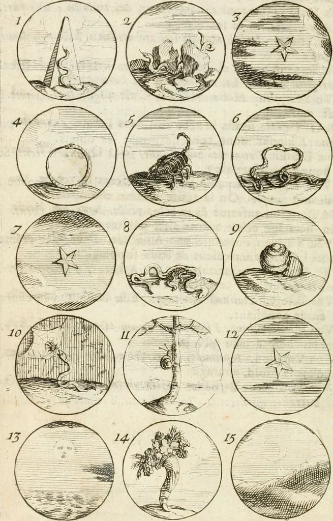 An illustration from Livre curieux et utile pour les sçavans et artistes : composé de trois alphabets de chiffres simples, doubles & triples, fleuronnez et au premier trait : accompagné d'un tres grand nombre de devises, emblêmes, médailles et autres figures hieroglyfiques : ensemble de plusieurs supports et cimiers pour les ornemens des armes : avec une table tres ample par le moyen de laquelle on trouvera facilement tous les noms imaginables, 1685, leaf 33
