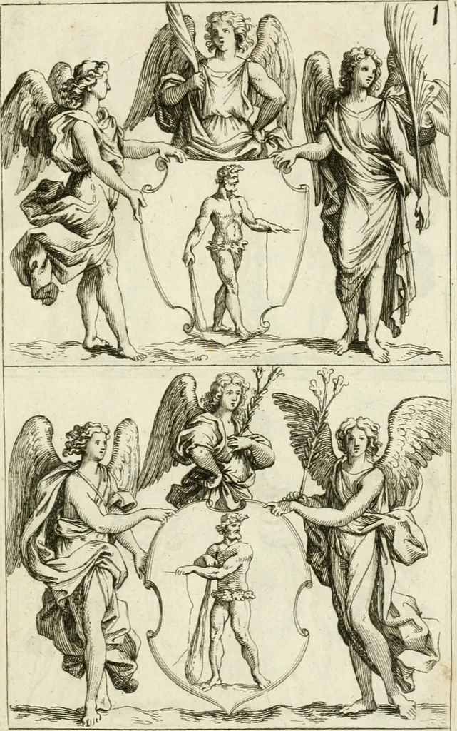 An illustration from Livre curieux et utile pour les sçavans et artistes : composé de trois alphabets de chiffres simples, doubles & triples, fleuronnez et au premier trait : accompagné d'un tres grand nombre de devises, emblêmes, médailles et autres figures hieroglyfiques : ensemble de plusieurs supports et cimiers pour les ornemens des armes : avec une table tres ample par le moyen de laquelle on trouvera facilement tous les noms imaginables, 1685, leaf 344
