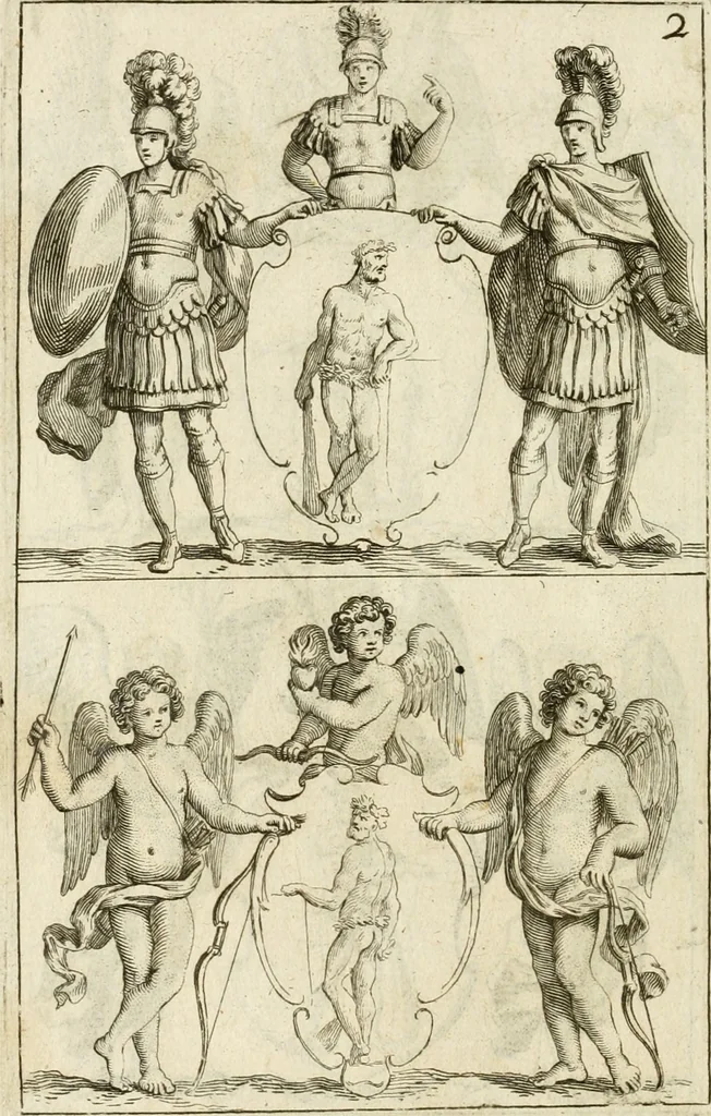 An illustration from Livre curieux et utile pour les sçavans et artistes : composé de trois alphabets de chiffres simples, doubles & triples, fleuronnez et au premier trait : accompagné d'un tres grand nombre de devises, emblêmes, médailles et autres figures hieroglyfiques : ensemble de plusieurs supports et cimiers pour les ornemens des armes : avec une table tres ample par le moyen de laquelle on trouvera facilement tous les noms imaginables, 1685, leaf 345