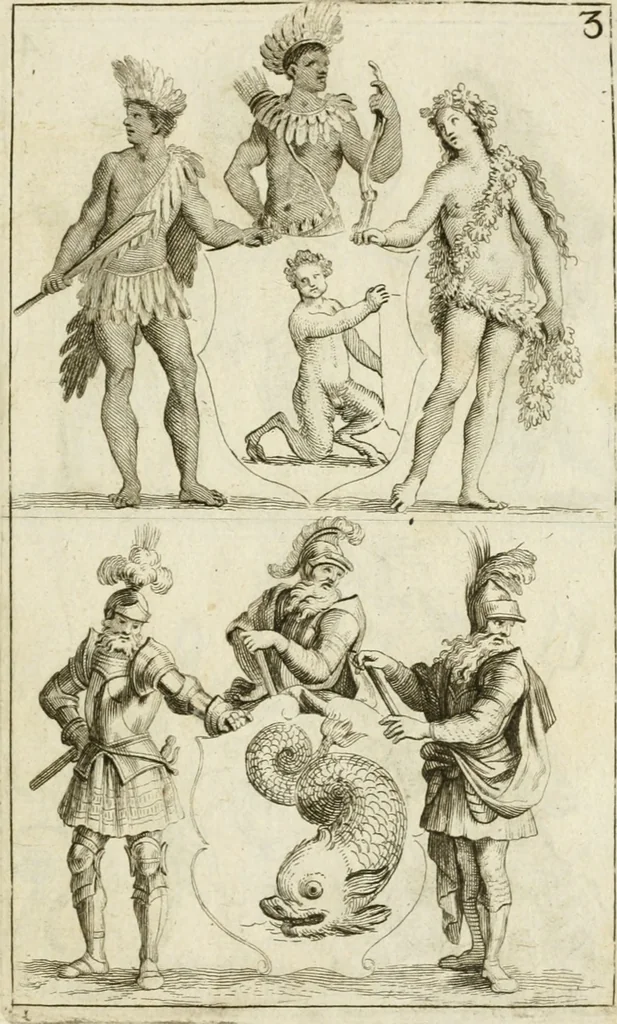 An illustration from Livre curieux et utile pour les sçavans et artistes : composé de trois alphabets de chiffres simples, doubles & triples, fleuronnez et au premier trait : accompagné d'un tres grand nombre de devises, emblêmes, médailles et autres figures hieroglyfiques : ensemble de plusieurs supports et cimiers pour les ornemens des armes : avec une table tres ample par le moyen de laquelle on trouvera facilement tous les noms imaginables, 1685, leaf 346