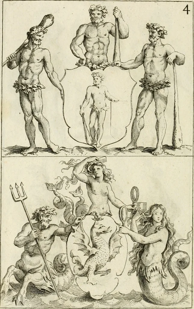 An illustration from Livre curieux et utile pour les sçavans et artistes : composé de trois alphabets de chiffres simples, doubles & triples, fleuronnez et au premier trait : accompagné d'un tres grand nombre de devises, emblêmes, médailles et autres figures hieroglyfiques : ensemble de plusieurs supports et cimiers pour les ornemens des armes : avec une table tres ample par le moyen de laquelle on trouvera facilement tous les noms imaginables, 1685, leaf 347