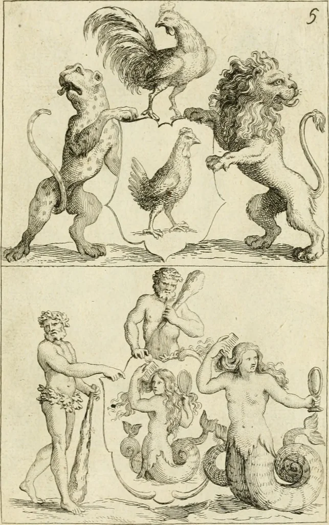 An illustration from Livre curieux et utile pour les sçavans et artistes : composé de trois alphabets de chiffres simples, doubles & triples, fleuronnez et au premier trait : accompagné d'un tres grand nombre de devises, emblêmes, médailles et autres figures hieroglyfiques : ensemble de plusieurs supports et cimiers pour les ornemens des armes : avec une table tres ample par le moyen de laquelle on trouvera facilement tous les noms imaginables, 1685, leaf 348