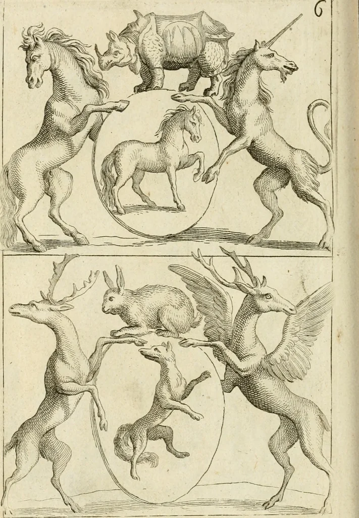 An illustration from Livre curieux et utile pour les sçavans et artistes : composé de trois alphabets de chiffres simples, doubles & triples, fleuronnez et au premier trait : accompagné d'un tres grand nombre de devises, emblêmes, médailles et autres figures hieroglyfiques : ensemble de plusieurs supports et cimiers pour les ornemens des armes : avec une table tres ample par le moyen de laquelle on trouvera facilement tous les noms imaginables, 1685, leaf 349