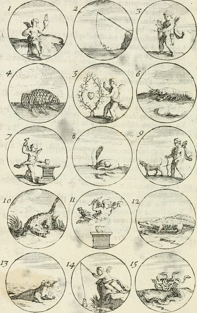 An illustration from Livre curieux et utile pour les sçavans et artistes : composé de trois alphabets de chiffres simples, doubles & triples, fleuronnez et au premier trait : accompagné d'un tres grand nombre de devises, emblêmes, médailles et autres figures hieroglyfiques : ensemble de plusieurs supports et cimiers pour les ornemens des armes : avec une table tres ample par le moyen de laquelle on trouvera facilement tous les noms imaginables, 1685, leaf 35