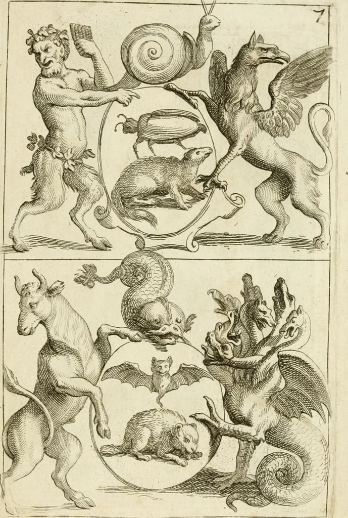 An illustration from Livre curieux et utile pour les sçavans et artistes : composé de trois alphabets de chiffres simples, doubles & triples, fleuronnez et au premier trait : accompagné d'un tres grand nombre de devises, emblêmes, médailles et autres figures hieroglyfiques : ensemble de plusieurs supports et cimiers pour les ornemens des armes : avec une table tres ample par le moyen de laquelle on trouvera facilement tous les noms imaginables, 1685, leaf 350