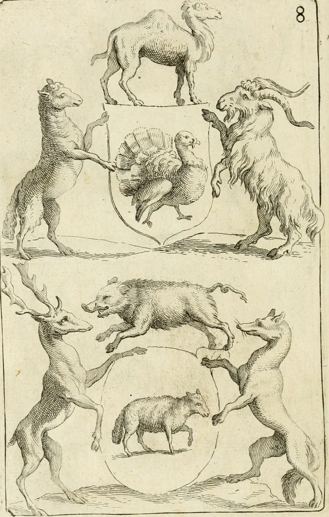 An illustration from Livre curieux et utile pour les sçavans et artistes : composé de trois alphabets de chiffres simples, doubles & triples, fleuronnez et au premier trait : accompagné d'un tres grand nombre de devises, emblêmes, médailles et autres figures hieroglyfiques : ensemble de plusieurs supports et cimiers pour les ornemens des armes : avec une table tres ample par le moyen de laquelle on trouvera facilement tous les noms imaginables, 1685, leaf 351