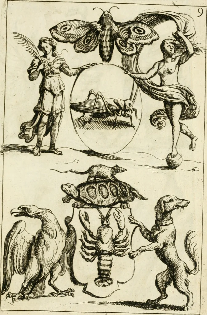 An illustration from Livre curieux et utile pour les sçavans et artistes : composé de trois alphabets de chiffres simples, doubles & triples, fleuronnez et au premier trait : accompagné d'un tres grand nombre de devises, emblêmes, médailles et autres figures hieroglyfiques : ensemble de plusieurs supports et cimiers pour les ornemens des armes : avec une table tres ample par le moyen de laquelle on trouvera facilement tous les noms imaginables, 1685, leaf 352