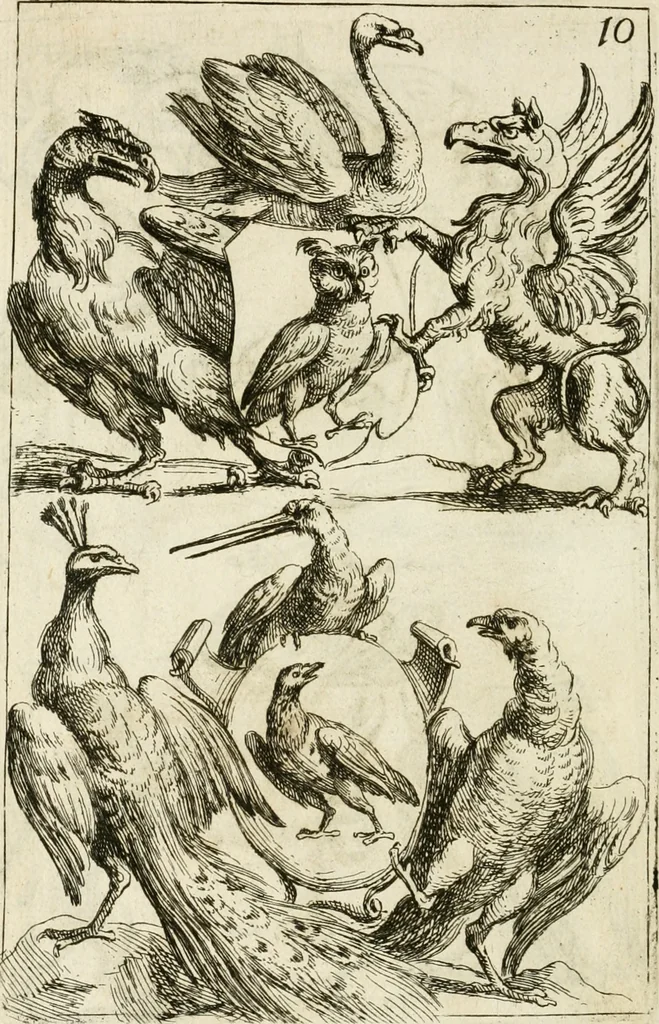 An illustration from Livre curieux et utile pour les sçavans et artistes : composé de trois alphabets de chiffres simples, doubles & triples, fleuronnez et au premier trait : accompagné d'un tres grand nombre de devises, emblêmes, médailles et autres figures hieroglyfiques : ensemble de plusieurs supports et cimiers pour les ornemens des armes : avec une table tres ample par le moyen de laquelle on trouvera facilement tous les noms imaginables, 1685, leaf 353