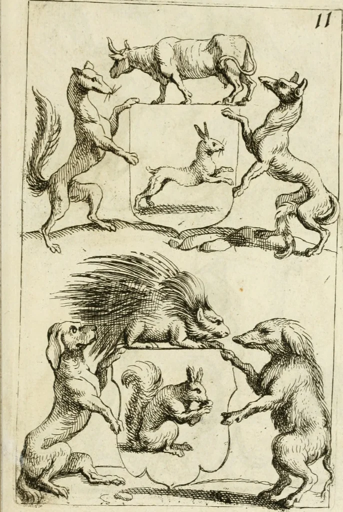 An illustration from Livre curieux et utile pour les sçavans et artistes : composé de trois alphabets de chiffres simples, doubles & triples, fleuronnez et au premier trait : accompagné d'un tres grand nombre de devises, emblêmes, médailles et autres figures hieroglyfiques : ensemble de plusieurs supports et cimiers pour les ornemens des armes : avec une table tres ample par le moyen de laquelle on trouvera facilement tous les noms imaginables, 1685, leaf 354