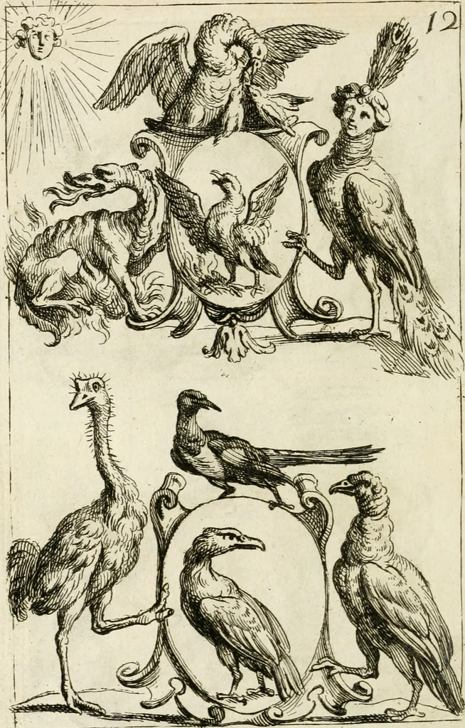 An illustration from Livre curieux et utile pour les sçavans et artistes : composé de trois alphabets de chiffres simples, doubles & triples, fleuronnez et au premier trait : accompagné d'un tres grand nombre de devises, emblêmes, médailles et autres figures hieroglyfiques : ensemble de plusieurs supports et cimiers pour les ornemens des armes : avec une table tres ample par le moyen de laquelle on trouvera facilement tous les noms imaginables, 1685, leaf 355