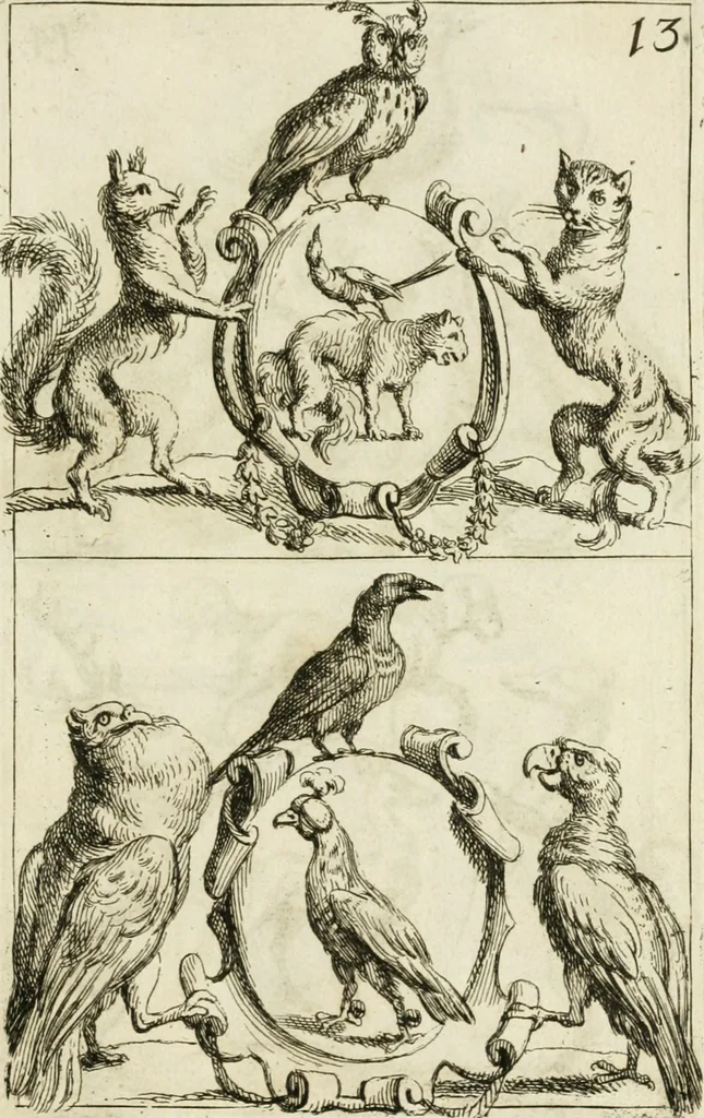 An illustration from Livre curieux et utile pour les sçavans et artistes : composé de trois alphabets de chiffres simples, doubles & triples, fleuronnez et au premier trait : accompagné d'un tres grand nombre de devises, emblêmes, médailles et autres figures hieroglyfiques : ensemble de plusieurs supports et cimiers pour les ornemens des armes : avec une table tres ample par le moyen de laquelle on trouvera facilement tous les noms imaginables, 1685, leaf 356