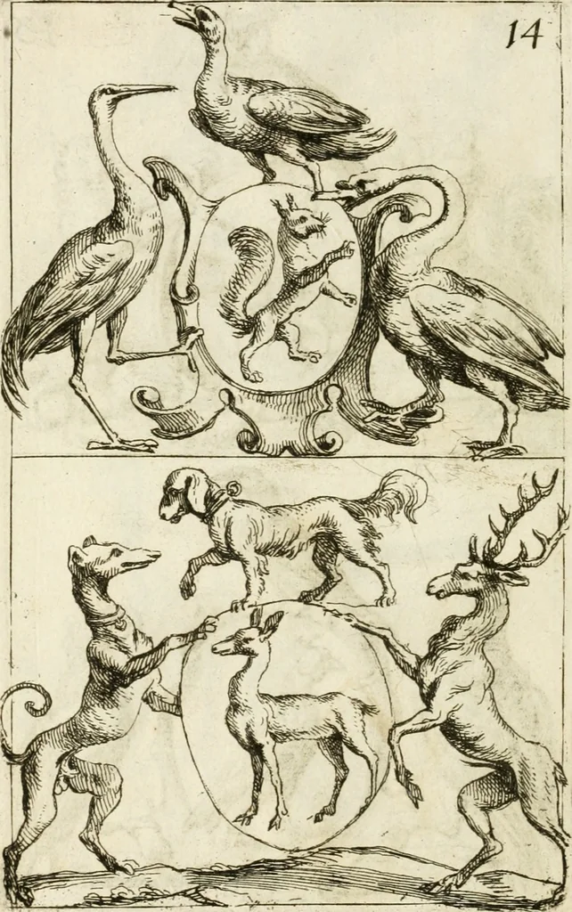 An illustration from Livre curieux et utile pour les sçavans et artistes : composé de trois alphabets de chiffres simples, doubles & triples, fleuronnez et au premier trait : accompagné d'un tres grand nombre de devises, emblêmes, médailles et autres figures hieroglyfiques : ensemble de plusieurs supports et cimiers pour les ornemens des armes : avec une table tres ample par le moyen de laquelle on trouvera facilement tous les noms imaginables, 1685, leaf 357