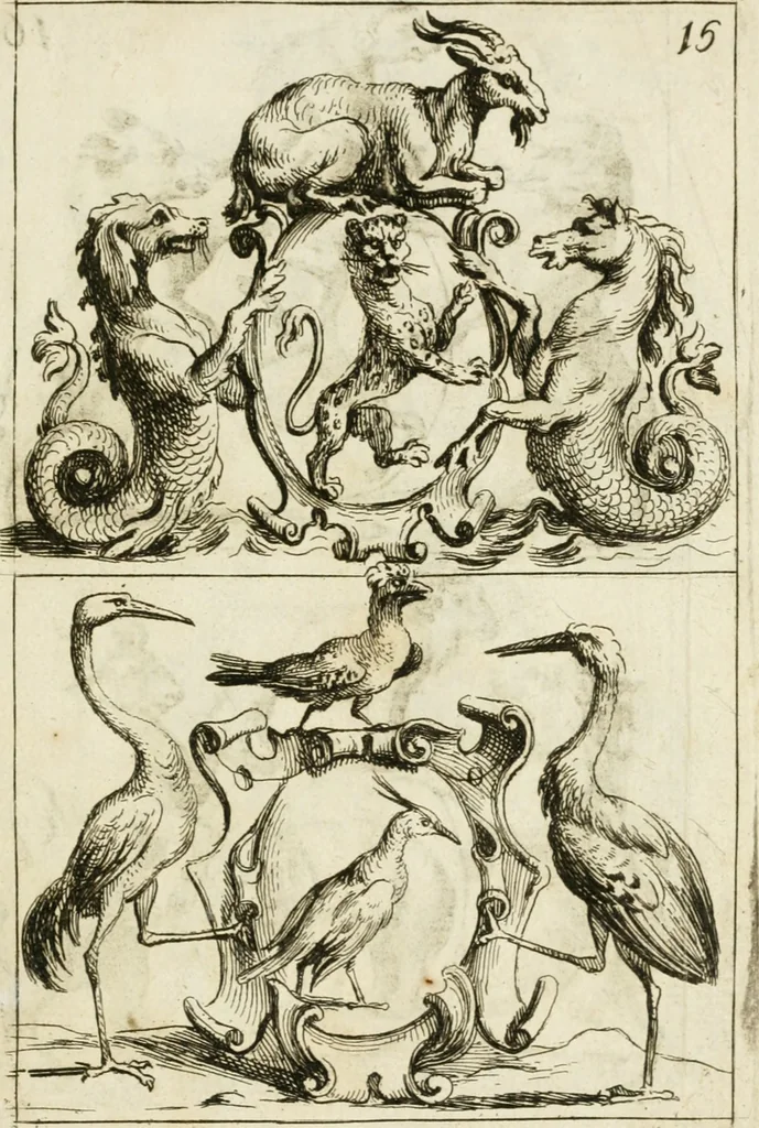 An illustration from Livre curieux et utile pour les sçavans et artistes : composé de trois alphabets de chiffres simples, doubles & triples, fleuronnez et au premier trait : accompagné d'un tres grand nombre de devises, emblêmes, médailles et autres figures hieroglyfiques : ensemble de plusieurs supports et cimiers pour les ornemens des armes : avec une table tres ample par le moyen de laquelle on trouvera facilement tous les noms imaginables, 1685, leaf 358