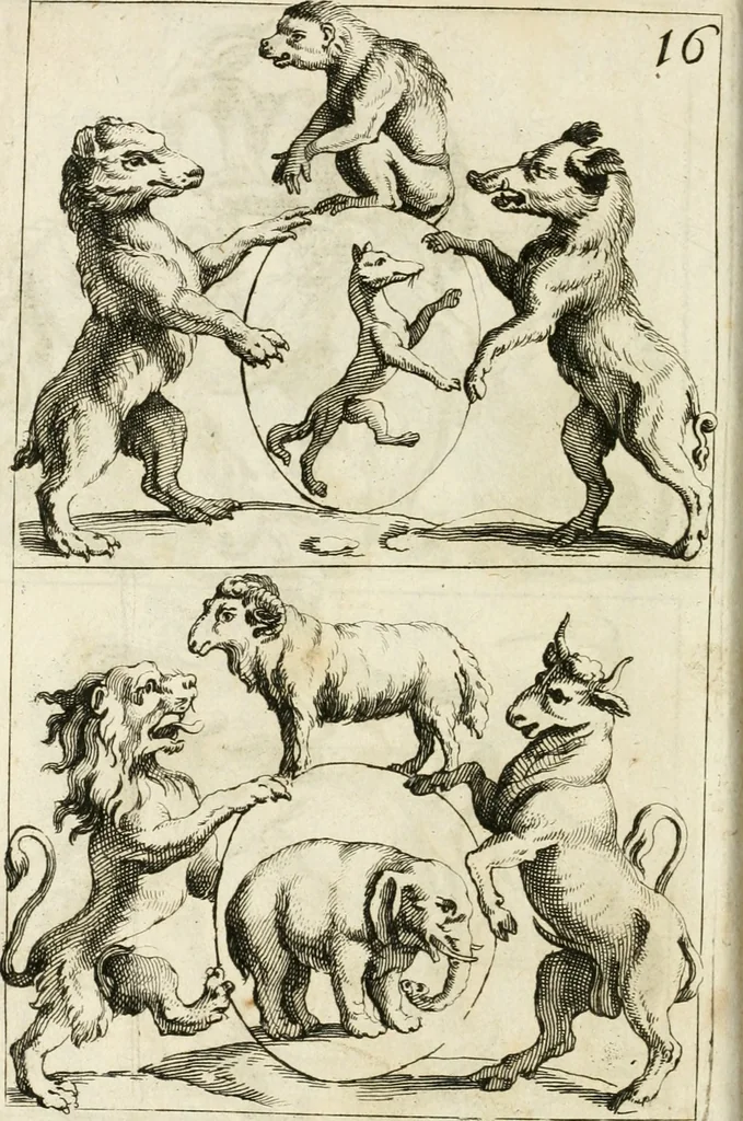 An illustration from Livre curieux et utile pour les sçavans et artistes : composé de trois alphabets de chiffres simples, doubles & triples, fleuronnez et au premier trait : accompagné d'un tres grand nombre de devises, emblêmes, médailles et autres figures hieroglyfiques : ensemble de plusieurs supports et cimiers pour les ornemens des armes : avec une table tres ample par le moyen de laquelle on trouvera facilement tous les noms imaginables, 1685, leaf 359