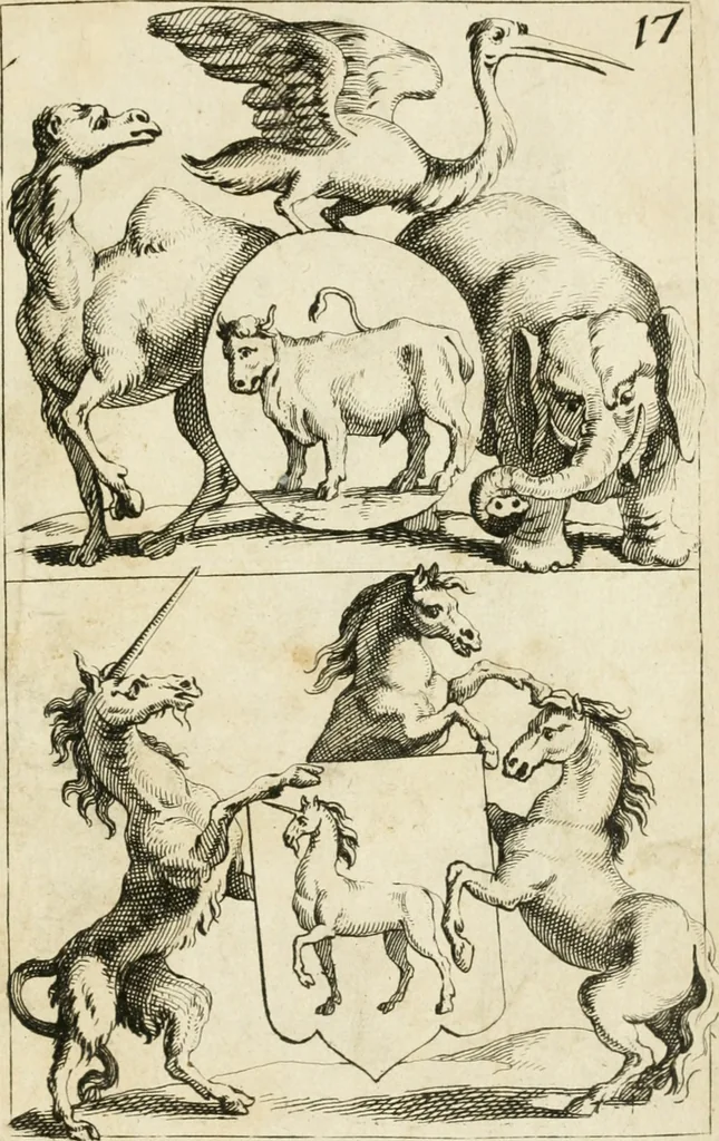 An illustration from Livre curieux et utile pour les sçavans et artistes : composé de trois alphabets de chiffres simples, doubles & triples, fleuronnez et au premier trait : accompagné d'un tres grand nombre de devises, emblêmes, médailles et autres figures hieroglyfiques : ensemble de plusieurs supports et cimiers pour les ornemens des armes : avec une table tres ample par le moyen de laquelle on trouvera facilement tous les noms imaginables, 1685, leaf 360