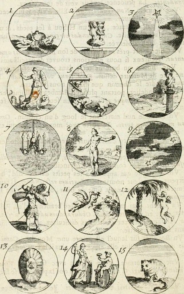 An illustration from Livre curieux et utile pour les sçavans et artistes : composé de trois alphabets de chiffres simples, doubles & triples, fleuronnez et au premier trait : accompagné d'un tres grand nombre de devises, emblêmes, médailles et autres figures hieroglyfiques : ensemble de plusieurs supports et cimiers pour les ornemens des armes : avec une table tres ample par le moyen de laquelle on trouvera facilement tous les noms imaginables, 1685, leaf 37