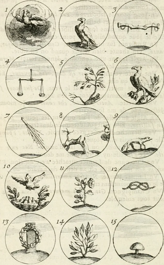 An illustration from Livre curieux et utile pour les sçavans et artistes : composé de trois alphabets de chiffres simples, doubles & triples, fleuronnez et au premier trait : accompagné d'un tres grand nombre de devises, emblêmes, médailles et autres figures hieroglyfiques : ensemble de plusieurs supports et cimiers pour les ornemens des armes : avec une table tres ample par le moyen de laquelle on trouvera facilement tous les noms imaginables, 1685, leaf 39