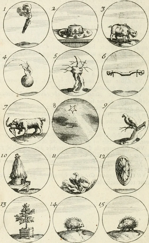 An illustration from Livre curieux et utile pour les sçavans et artistes : composé de trois alphabets de chiffres simples, doubles & triples, fleuronnez et au premier trait : accompagné d'un tres grand nombre de devises, emblêmes, médailles et autres figures hieroglyfiques : ensemble de plusieurs supports et cimiers pour les ornemens des armes : avec une table tres ample par le moyen de laquelle on trouvera facilement tous les noms imaginables, 1685, leaf 41