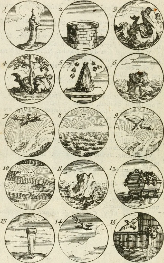 An illustration from Livre curieux et utile pour les sçavans et artistes : composé de trois alphabets de chiffres simples, doubles & triples, fleuronnez et au premier trait : accompagné d'un tres grand nombre de devises, emblêmes, médailles et autres figures hieroglyfiques : ensemble de plusieurs supports et cimiers pour les ornemens des armes : avec une table tres ample par le moyen de laquelle on trouvera facilement tous les noms imaginables, 1685, leaf 43