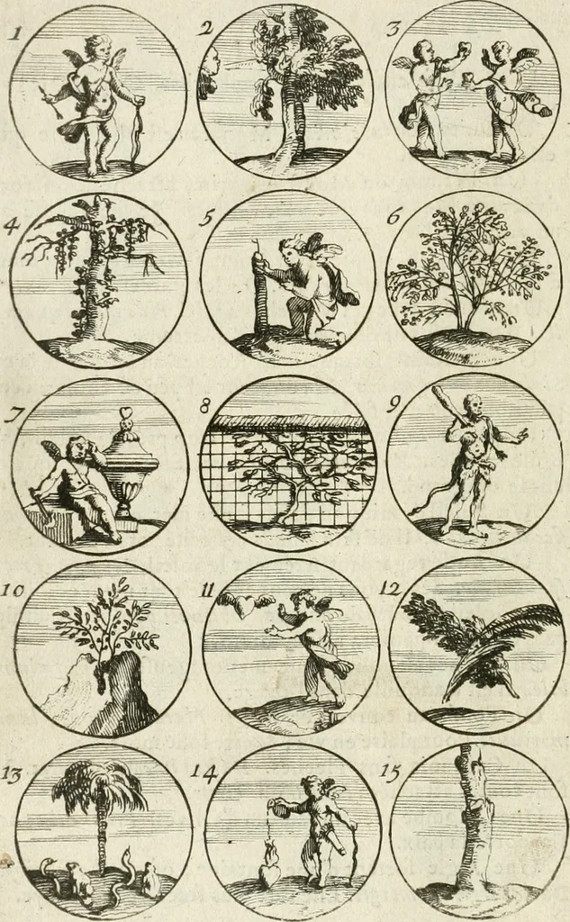 An illustration from Livre curieux et utile pour les sçavans et artistes : composé de trois alphabets de chiffres simples, doubles & triples, fleuronnez et au premier trait : accompagné d'un tres grand nombre de devises, emblêmes, médailles et autres figures hieroglyfiques : ensemble de plusieurs supports et cimiers pour les ornemens des armes : avec une table tres ample par le moyen de laquelle on trouvera facilement tous les noms imaginables, 1685, leaf 45