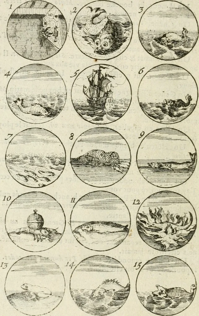 An illustration from Livre curieux et utile pour les sçavans et artistes : composé de trois alphabets de chiffres simples, doubles & triples, fleuronnez et au premier trait : accompagné d'un tres grand nombre de devises, emblêmes, médailles et autres figures hieroglyfiques : ensemble de plusieurs supports et cimiers pour les ornemens des armes : avec une table tres ample par le moyen de laquelle on trouvera facilement tous les noms imaginables, 1685, leaf 47