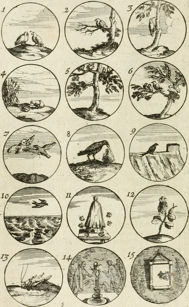 An illustration from Livre curieux et utile pour les sçavans et artistes : composé de trois alphabets de chiffres simples, doubles & triples, fleuronnez et au premier trait : accompagné d'un tres grand nombre de devises, emblêmes, médailles et autres figures hieroglyfiques : ensemble de plusieurs supports et cimiers pour les ornemens des armes : avec une table tres ample par le moyen de laquelle on trouvera facilement tous les noms imaginables, 1685, leaf 53