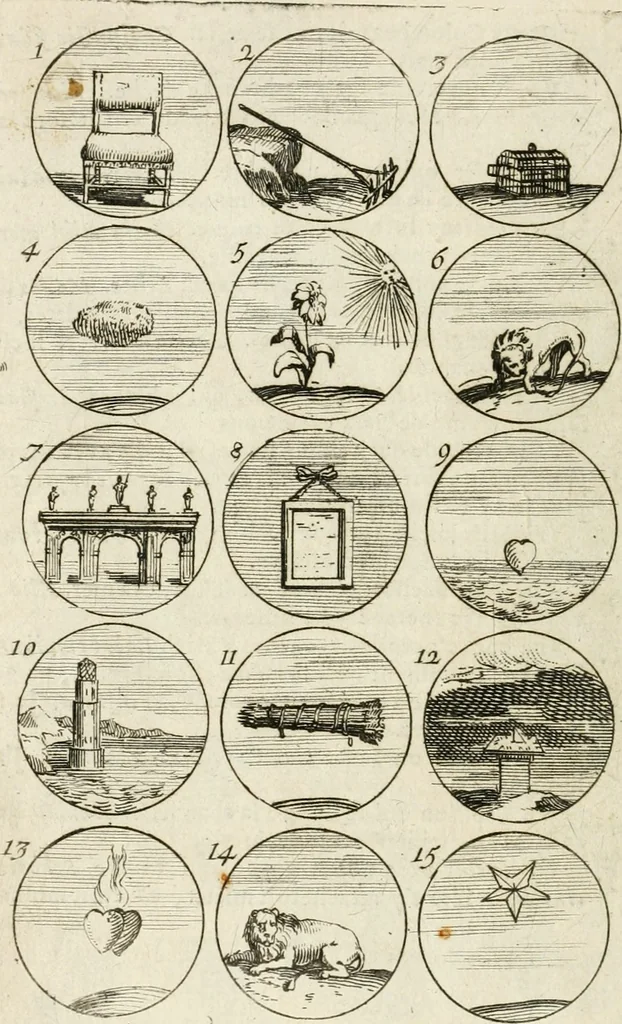 An illustration from Livre curieux et utile pour les sçavans et artistes : composé de trois alphabets de chiffres simples, doubles & triples, fleuronnez et au premier trait : accompagné d'un tres grand nombre de devises, emblêmes, médailles et autres figures hieroglyfiques : ensemble de plusieurs supports et cimiers pour les ornemens des armes : avec une table tres ample par le moyen de laquelle on trouvera facilement tous les noms imaginables, 1685, leaf 55