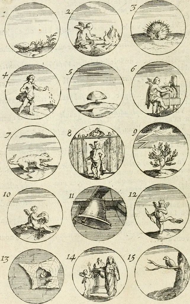An illustration from Livre curieux et utile pour les sçavans et artistes : composé de trois alphabets de chiffres simples, doubles & triples, fleuronnez et au premier trait : accompagné d'un tres grand nombre de devises, emblêmes, médailles et autres figures hieroglyfiques : ensemble de plusieurs supports et cimiers pour les ornemens des armes : avec une table tres ample par le moyen de laquelle on trouvera facilement tous les noms imaginables, 1685, leaf 57