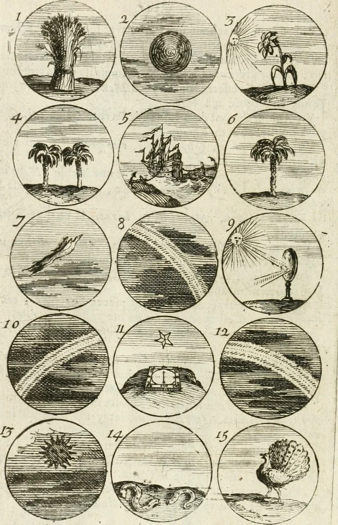 An illustration from Livre curieux et utile pour les sçavans et artistes : composé de trois alphabets de chiffres simples, doubles & triples, fleuronnez et au premier trait : accompagné d'un tres grand nombre de devises, emblêmes, médailles et autres figures hieroglyfiques : ensemble de plusieurs supports et cimiers pour les ornemens des armes : avec une table tres ample par le moyen de laquelle on trouvera facilement tous les noms imaginables, 1685, leaf 59