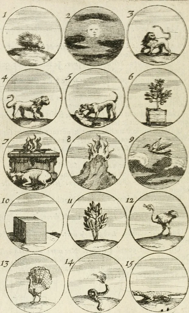 An illustration from Livre curieux et utile pour les sçavans et artistes : composé de trois alphabets de chiffres simples, doubles & triples, fleuronnez et au premier trait : accompagné d'un tres grand nombre de devises, emblêmes, médailles et autres figures hieroglyfiques : ensemble de plusieurs supports et cimiers pour les ornemens des armes : avec une table tres ample par le moyen de laquelle on trouvera facilement tous les noms imaginables, 1685, leaf 61