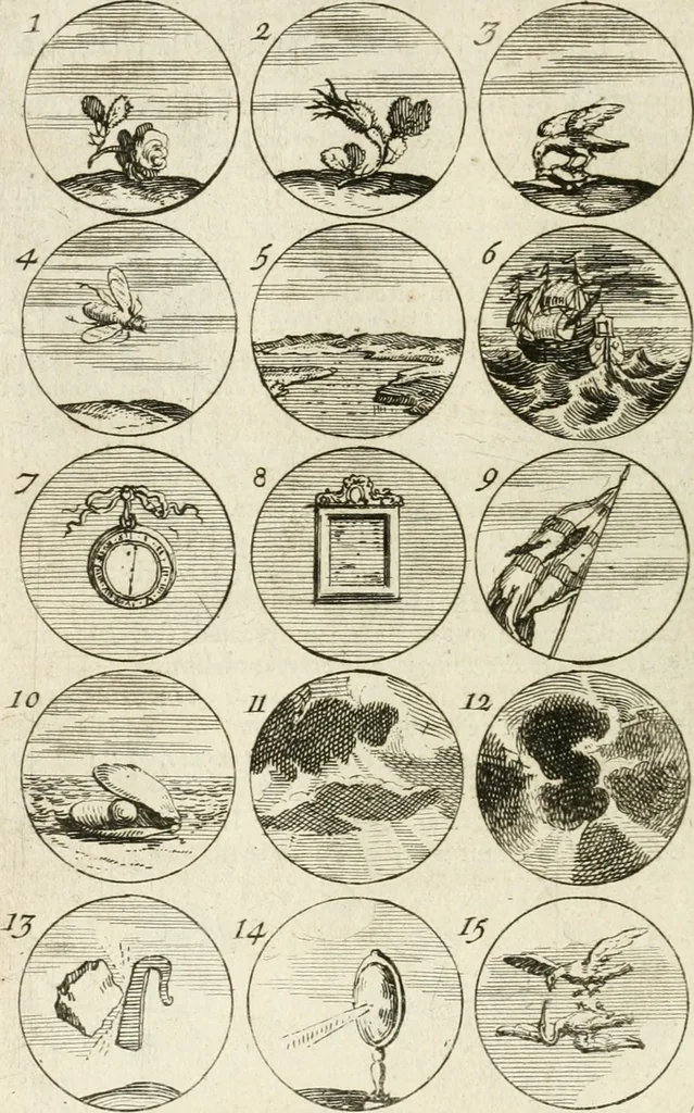 An illustration from Livre curieux et utile pour les sçavans et artistes : composé de trois alphabets de chiffres simples, doubles & triples, fleuronnez et au premier trait : accompagné d'un tres grand nombre de devises, emblêmes, médailles et autres figures hieroglyfiques : ensemble de plusieurs supports et cimiers pour les ornemens des armes : avec une table tres ample par le moyen de laquelle on trouvera facilement tous les noms imaginables, 1685, leaf 63
