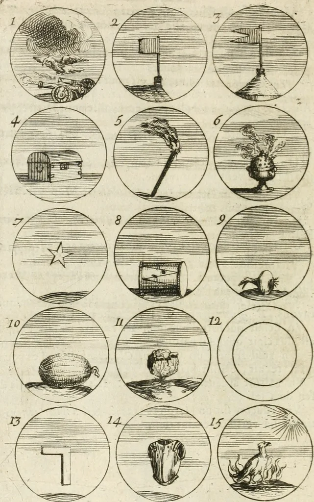 An illustration from Livre curieux et utile pour les sçavans et artistes : composé de trois alphabets de chiffres simples, doubles & triples, fleuronnez et au premier trait : accompagné d'un tres grand nombre de devises, emblêmes, médailles et autres figures hieroglyfiques : ensemble de plusieurs supports et cimiers pour les ornemens des armes : avec une table tres ample par le moyen de laquelle on trouvera facilement tous les noms imaginables, 1685, leaf 65