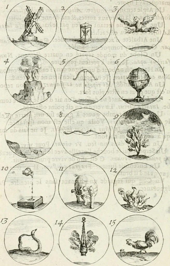 An illustration from Livre curieux et utile pour les sçavans et artistes : composé de trois alphabets de chiffres simples, doubles & triples, fleuronnez et au premier trait : accompagné d'un tres grand nombre de devises, emblêmes, médailles et autres figures hieroglyfiques : ensemble de plusieurs supports et cimiers pour les ornemens des armes : avec une table tres ample par le moyen de laquelle on trouvera facilement tous les noms imaginables, 1685, leaf 67